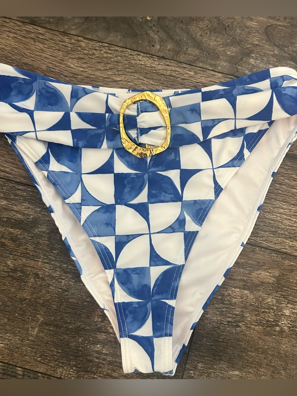NWT Kenny Flowers Watercolors Blue & White Geometric Bikini Bottom Gold Buckle